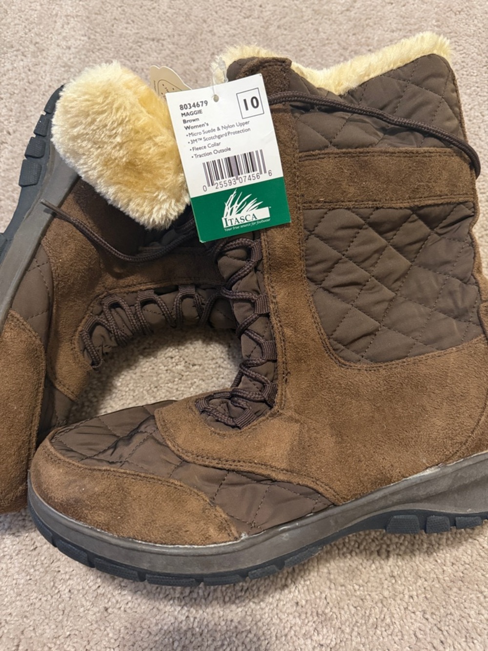 Itasca Brown Quilted Suede Lace-Up Winter Boots with Faux Fur